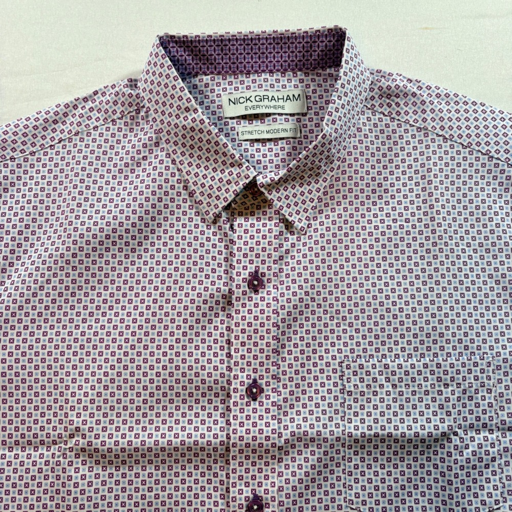 Nick Graham Everywhere Shirt Mens XL Purple Geometric Short Sleeve Modern Fit